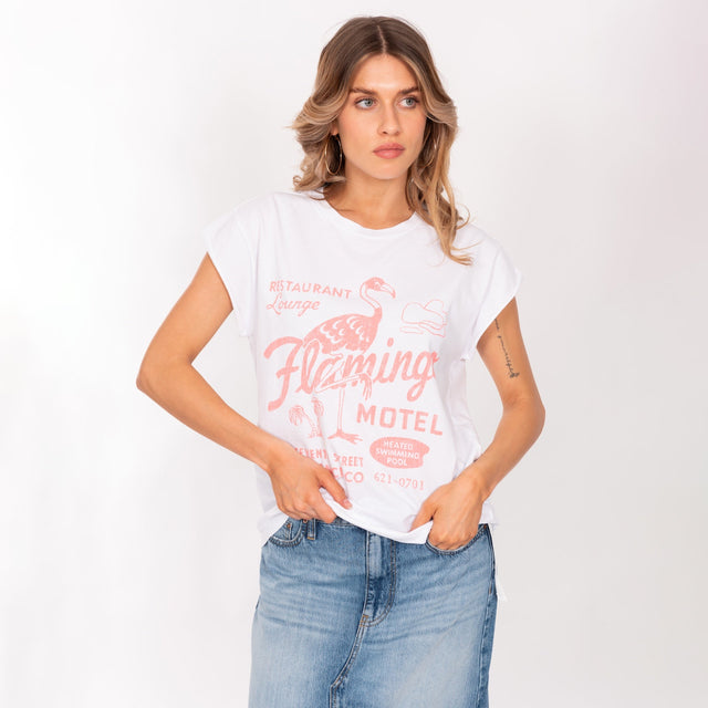 WOMAN'S "FLAMINGO MOTEL" CREW NECK ROLLED UP S/S T-SHIRT - SOFT JERSEY - BOXY FIT