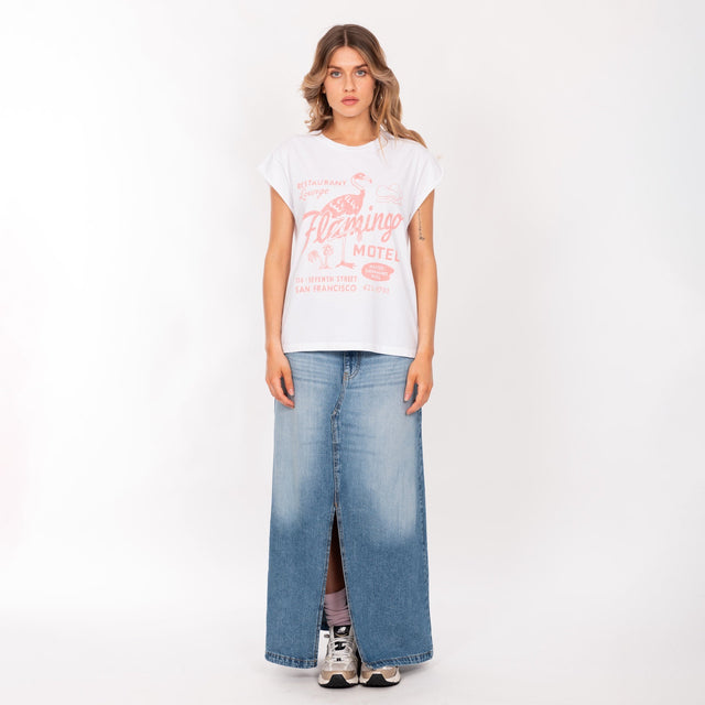 WOMAN'S "FLAMINGO MOTEL" CREW NECK ROLLED UP S/S T-SHIRT - SOFT JERSEY - BOXY FIT