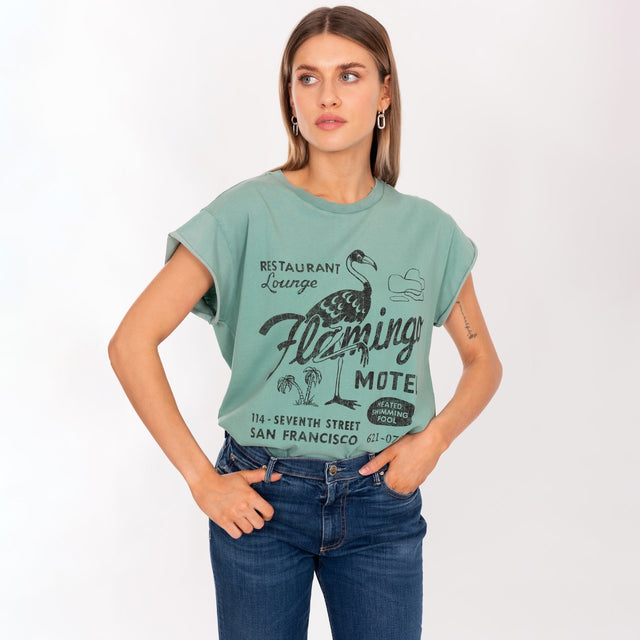 WOMAN'S "FLAMINGO MOTEL" CREW NECK ROLLED UP S/S T-SHIRT - SOFT JERSEY - BOXY FIT