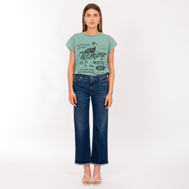 WOMAN'S "FLAMINGO MOTEL" CREW NECK ROLLED UP S/S T-SHIRT - SOFT JERSEY - BOXY FIT