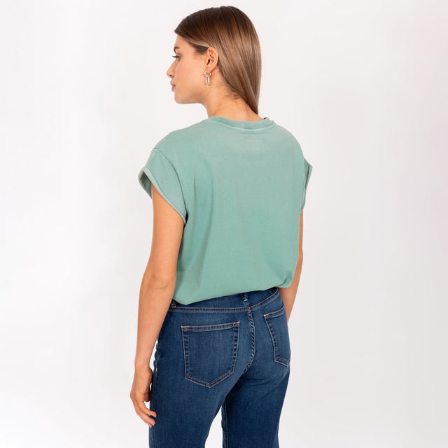 WOMAN'S "FLAMINGO MOTEL" CREW NECK ROLLED UP S/S T-SHIRT - SOFT JERSEY - BOXY FIT